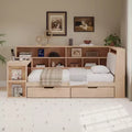 Twin/Full Size L-shaped Daybed Wooden Corner Bed with Storage Bookcase, Drawers, LED Light, Desk & Upholstered Headboard - ModernLuxe