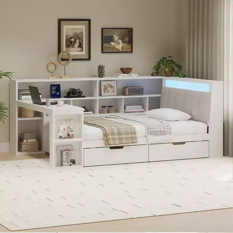 Divano Letto ad Angolo a L per Materasso Singolo/Matrimoniale con Libreria, Cassetti, Luce LED, Scrivania e Testiera Imbottita - ModernLuxe