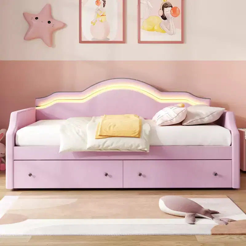 Divano Letto Imbottito Una Piazza e Mezza/Matrimoniale con LED e 2 Cassetti - ModernLuxe