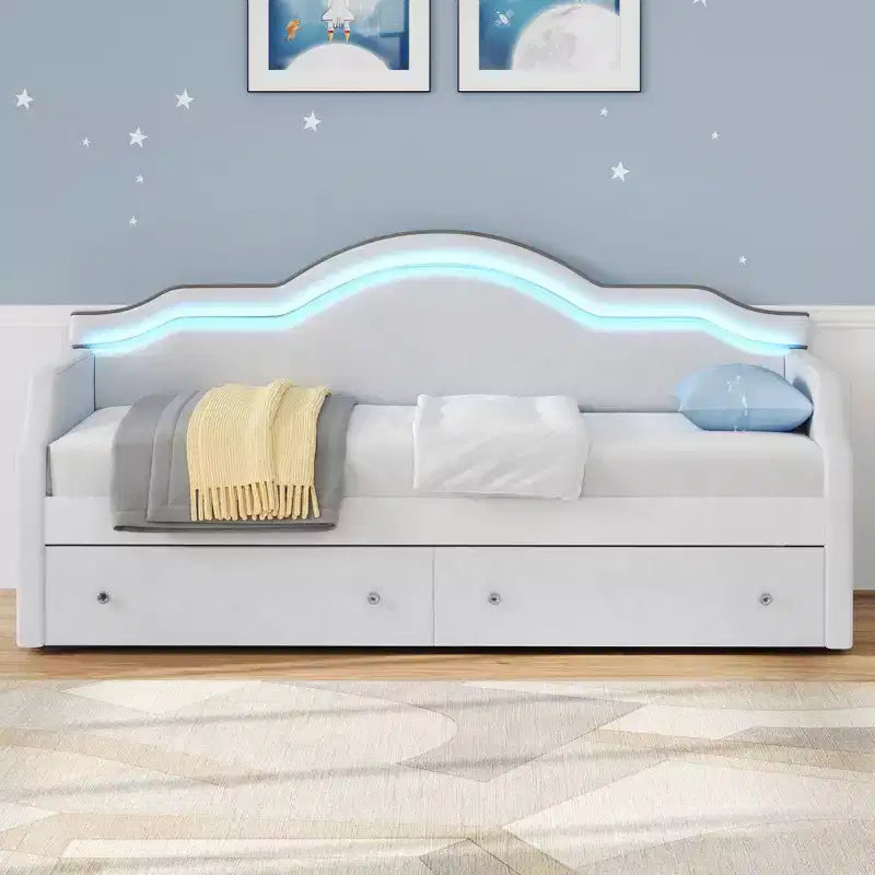 Divano Letto Imbottito Una Piazza e Mezza/Matrimoniale con LED e 2 Cassetti - ModernLuxe