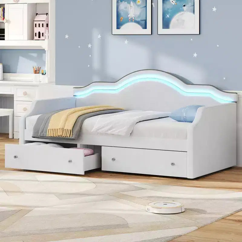 Twin/Full Size Upholstered Daybed with LED and 2 Drawers - ModernLuxe
