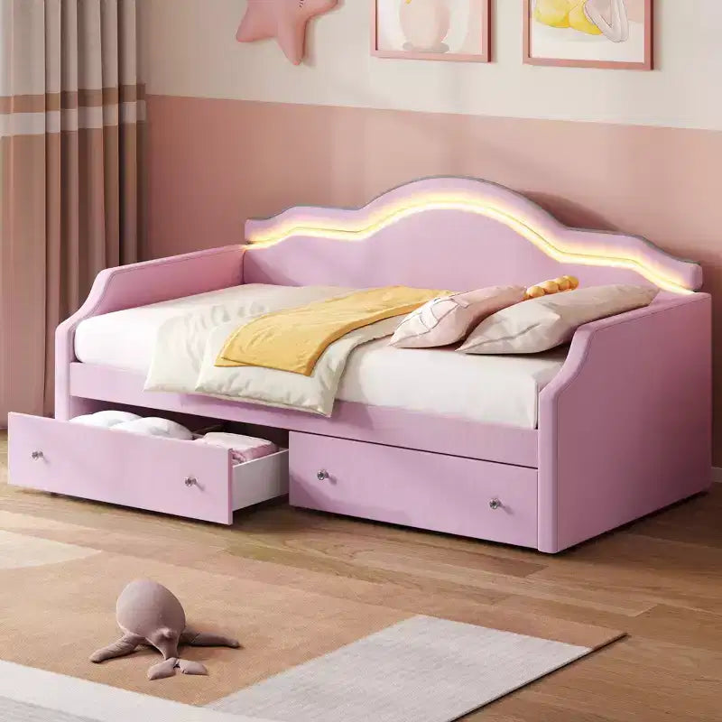 Divano Letto Imbottito Una Piazza e Mezza/Matrimoniale con LED e 2 Cassetti - ModernLuxe