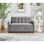 EHMKNP Pull Out Convertible Sofa Bed - Full Size Light Grey Velvet Tufted Sleeper, 3-Level Adjustable Backrest w/ 2 Pockets & 2 Pillows for Apartment