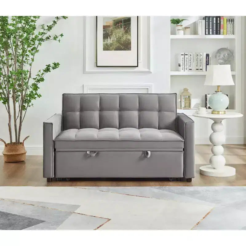 EHMKNP Pull Out Convertible Sofa Bed - Full Size Light Grey Velvet Tufted Sleeper, 3-Level Adjustable Backrest w/ 2 Pockets & 2 Pillows for Apartment