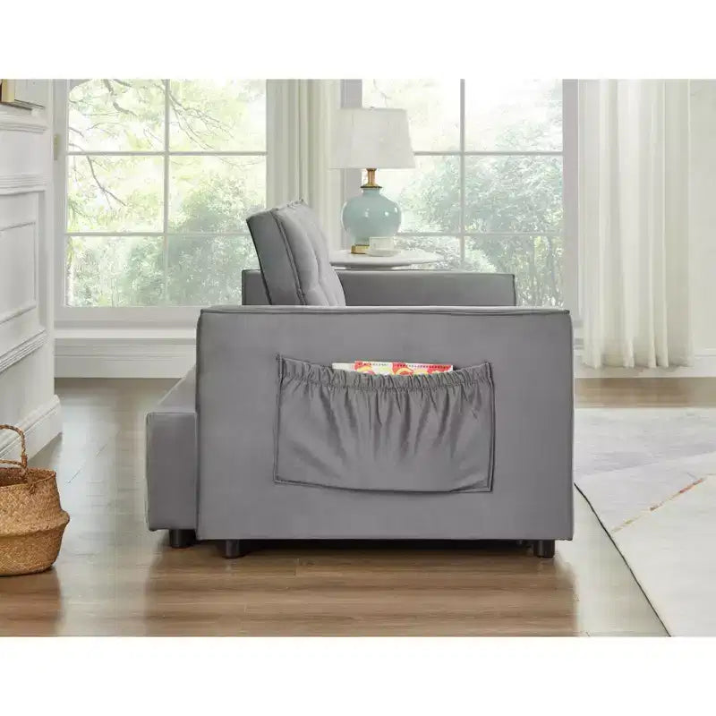 Divano Letto Convertibile Estraibile EHMKNP - Letto Full Size in Velluto Grigio Chiaro con Trapuntatura Capitonnè, Schienale Regolabile su 3 Livelli con 2 Tasche e 2 Cuscini per Appartamento