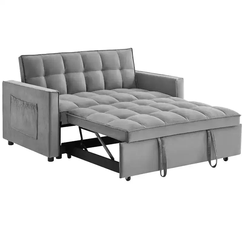 Divano Letto Convertibile Estraibile EHMKNP - Letto Full Size in Velluto Grigio Chiaro con Trapuntatura Capitonnè, Schienale Regolabile su 3 Livelli con 2 Tasche e 2 Cuscini per Appartamento