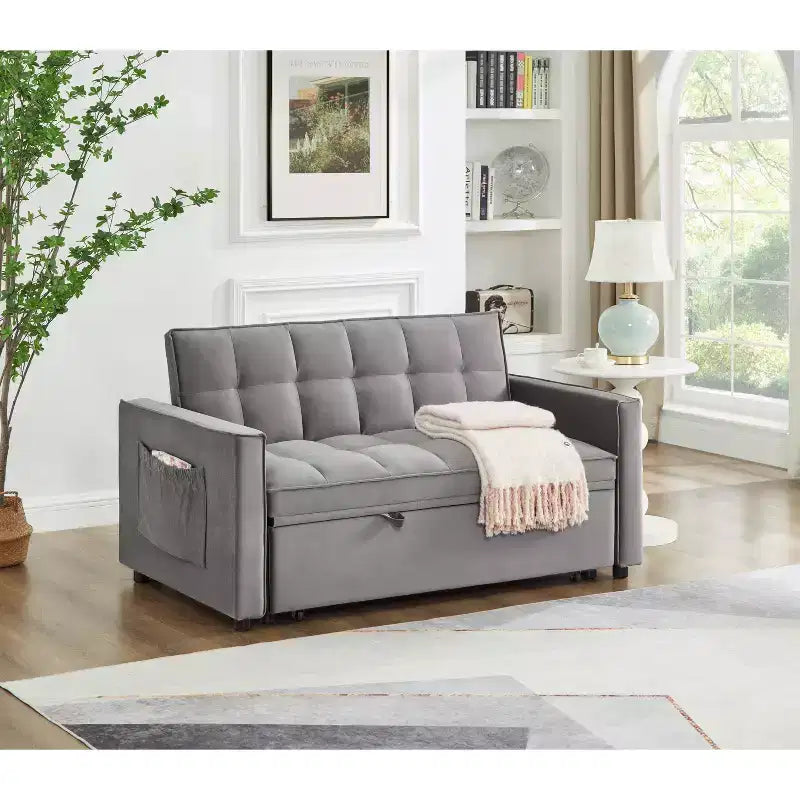 Divano Letto Convertibile Estraibile EHMKNP - Letto Full Size in Velluto Grigio Chiaro con Trapuntatura Capitonnè, Schienale Regolabile su 3 Livelli con 2 Tasche e 2 Cuscini per Appartamento