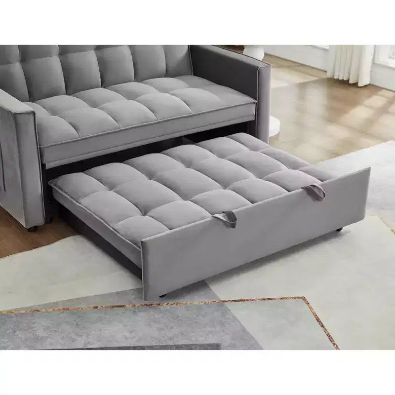 Divano Letto Convertibile Estraibile EHMKNP - Letto Full Size in Velluto Grigio Chiaro con Trapuntatura Capitonnè, Schienale Regolabile su 3 Livelli con 2 Tasche e 2 Cuscini per Appartamento
