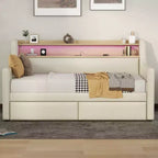 Bellemave Twin Daybed with Storage Drawers, Upholstered Daybed Frame with Charging Station and LED Lights, Beige