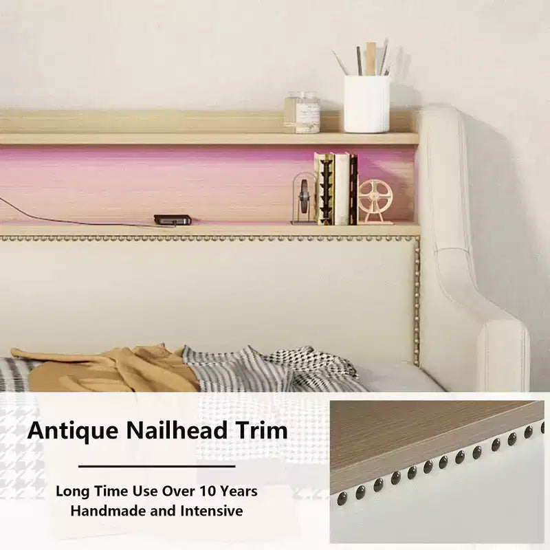 Bellemave Divano Letto Singolo con Cassetti, Struttura Imbottita con Stazione di Ricarica e Luci LED, Beige