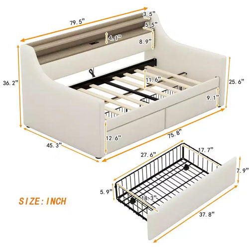 Bellemave Divano Letto Singolo con Cassetti, Struttura Imbottita con Stazione di Ricarica e Luci LED, Beige