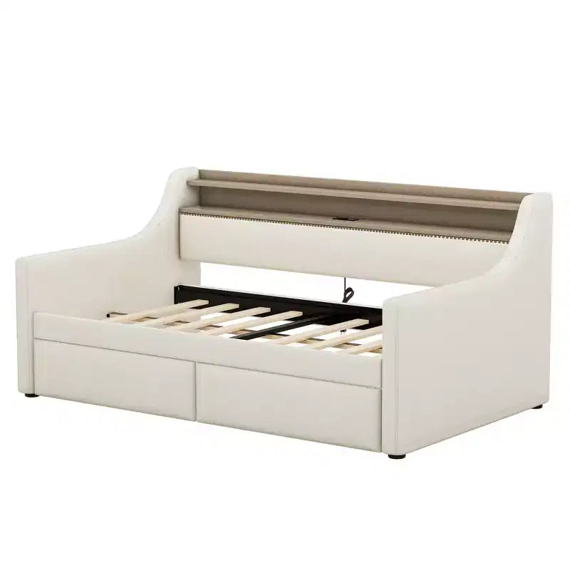 Bellemave Divano Letto Singolo con Cassetti, Struttura Imbottita con Stazione di Ricarica e Luci LED, Beige