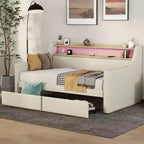 Bellemave Divano Letto Singolo con Cassetti, Struttura Imbottita con Stazione di Ricarica e Luci LED, Beige