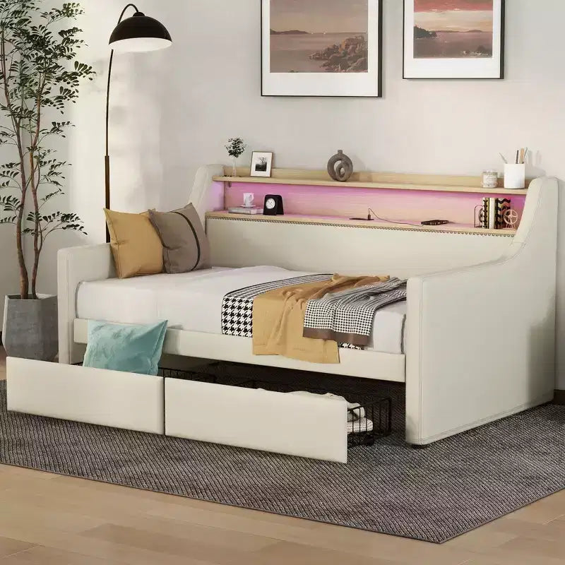 Bellemave Divano Letto Singolo con Cassetti, Struttura Imbottita con Stazione di Ricarica e Luci LED, Beige