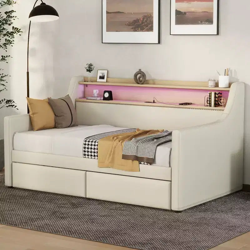 Bellemave Divano Letto Singolo con Cassetti, Struttura Imbottita con Stazione di Ricarica e Luci LED, Beige