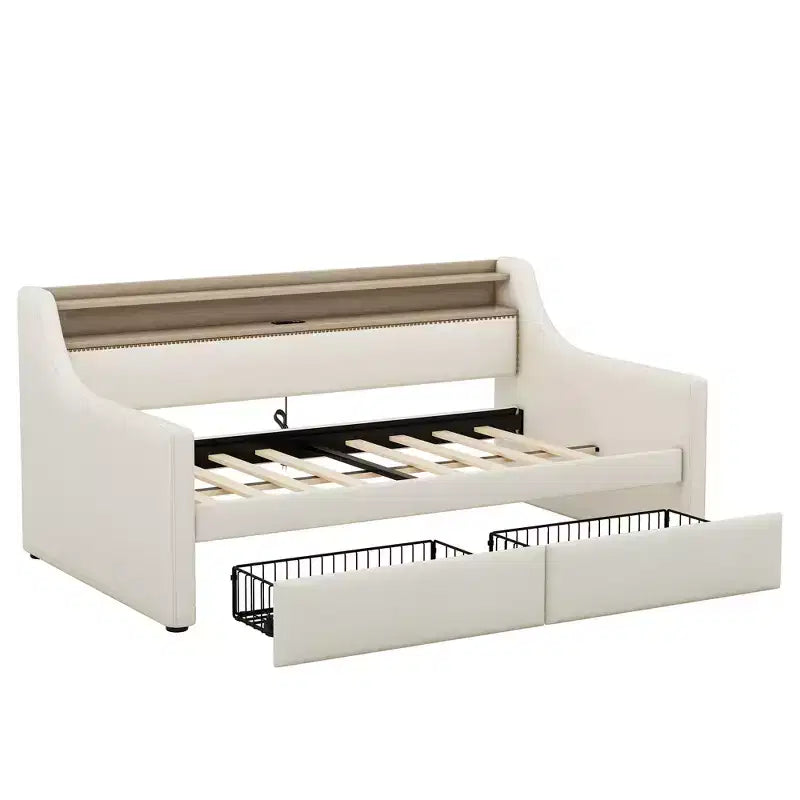 Bellemave Divano Letto Singolo con Cassetti, Struttura Imbottita con Stazione di Ricarica e Luci LED, Beige