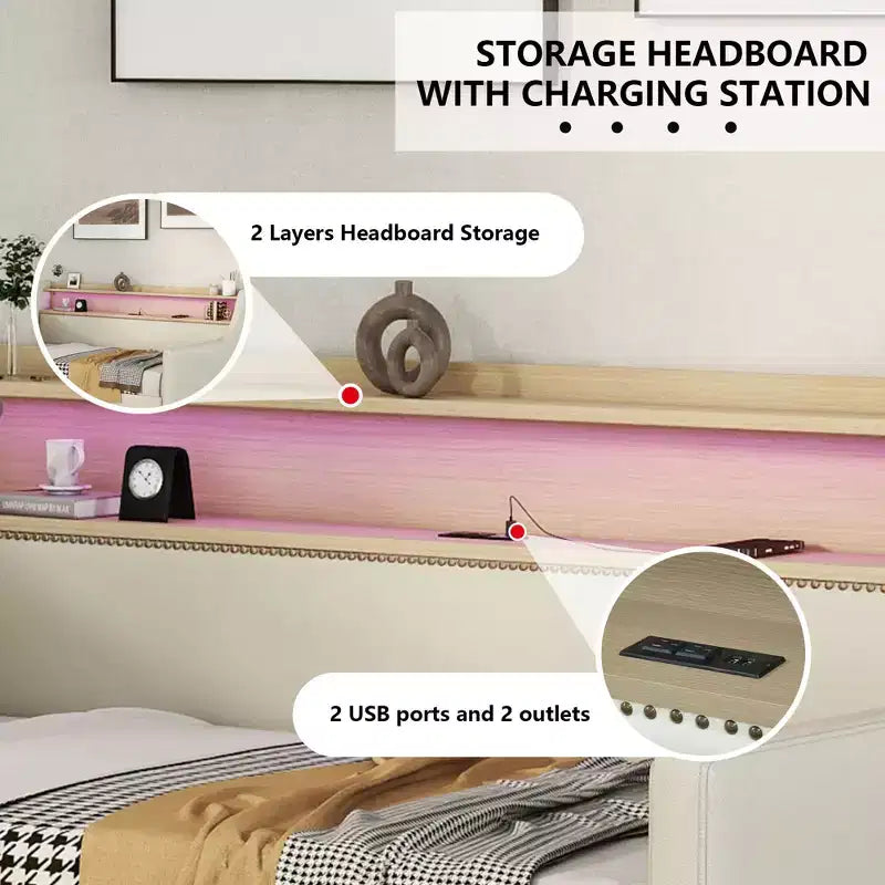Bellemave Divano Letto Singolo con Cassetti, Struttura Imbottita con Stazione di Ricarica e Luci LED, Beige
