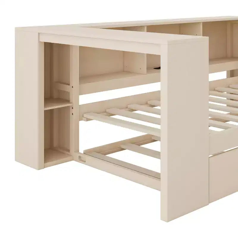 Letto a Giorno Matrimoniale/Una Piazza e Mezza con Ripiani Portaoggetti, Letto Estraibile, Stazione di Ricarica e Testiera Imbottita - ModernLuxe
