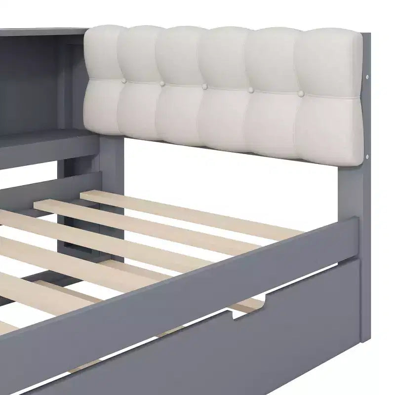 Letto a Giorno Matrimoniale/Una Piazza e Mezza con Ripiani Portaoggetti, Letto Estraibile, Stazione di Ricarica e Testiera Imbottita - ModernLuxe