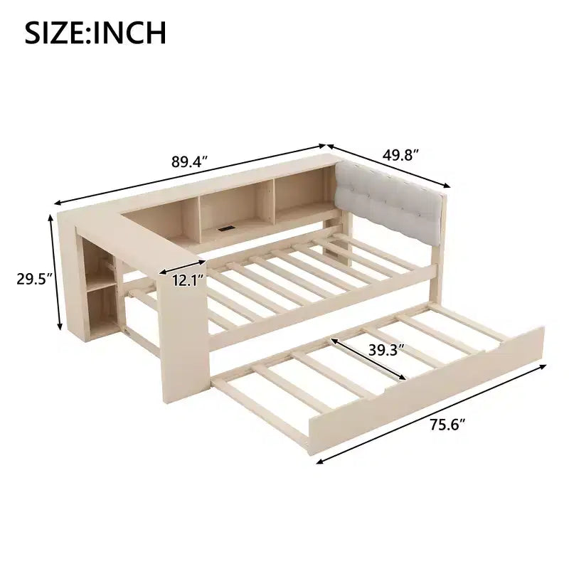 Letto a Giorno Matrimoniale/Una Piazza e Mezza con Ripiani Portaoggetti, Letto Estraibile, Stazione di Ricarica e Testiera Imbottita - ModernLuxe