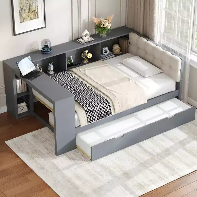 Letto a Giorno Matrimoniale/Una Piazza e Mezza con Ripiani Portaoggetti, Letto Estraibile, Stazione di Ricarica e Testiera Imbottita - ModernLuxe