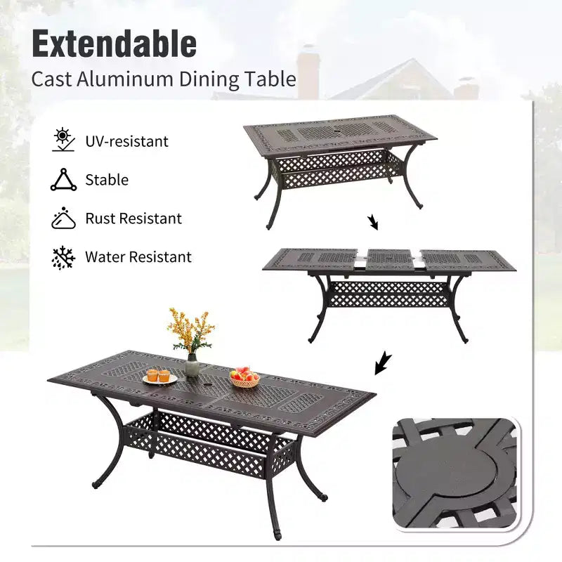 Tavolo da pranzo da esterno Captiva Designs in alluminio fuso per patio e giardino, resistente alle intemperie, con piano inciso