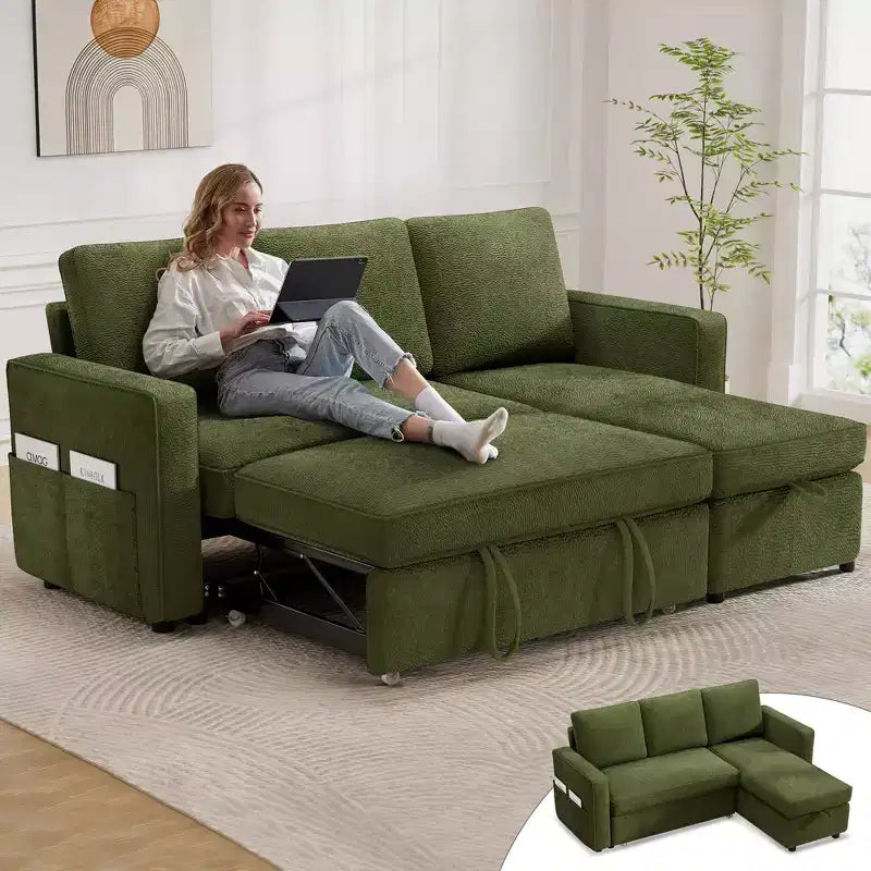 Divano Letto Trasformabile Dyonery 81, Divano Estraibile 2 in 1 con Chaise Longue Reversibile con Contenitore