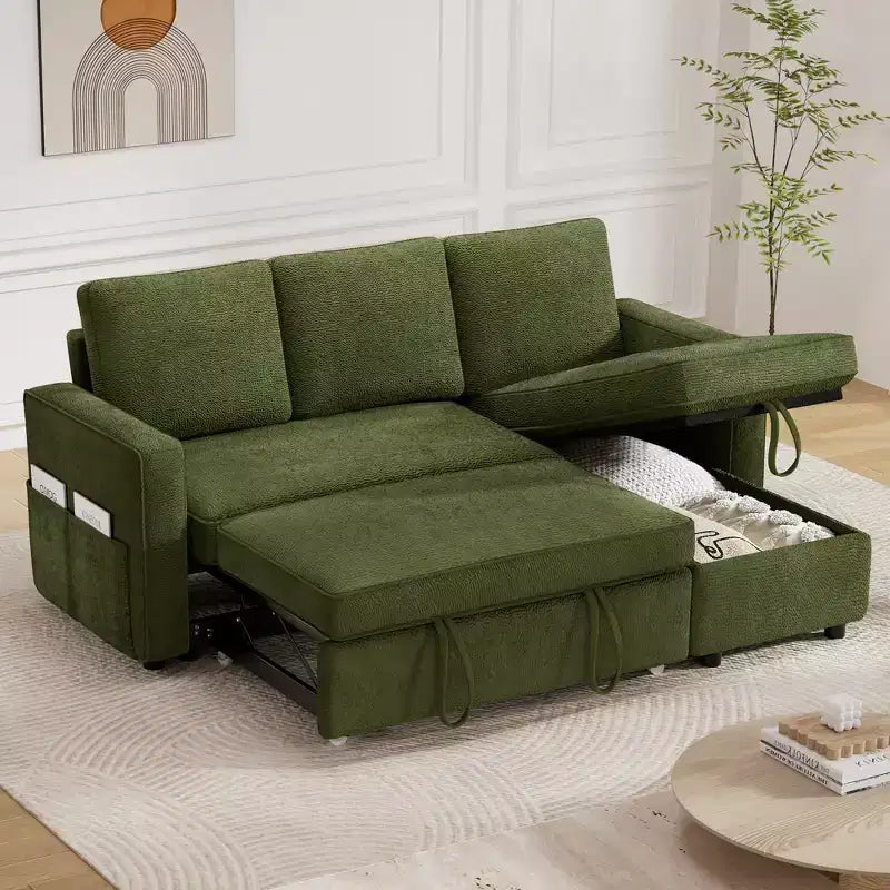 Divano Letto Trasformabile Dyonery 81, Divano Estraibile 2 in 1 con Chaise Longue Reversibile con Contenitore