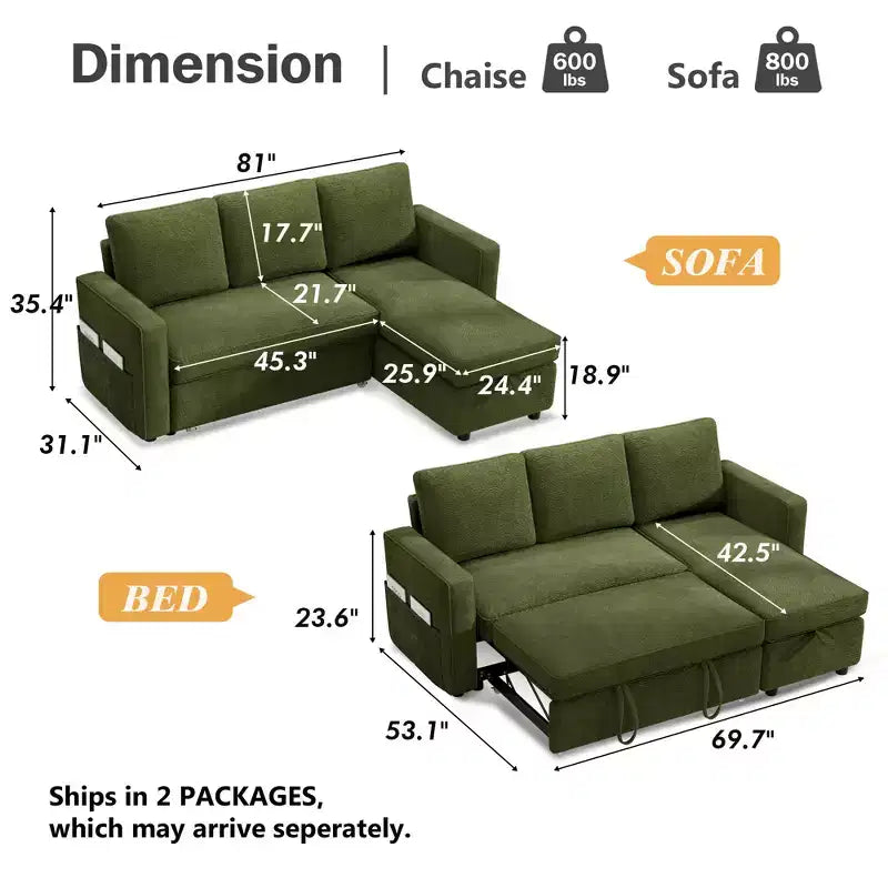 Divano Letto Trasformabile Dyonery 81, Divano Estraibile 2 in 1 con Chaise Longue Reversibile con Contenitore