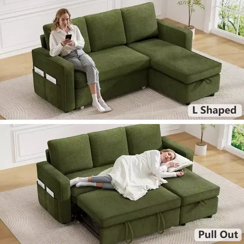Divano Letto Trasformabile Dyonery 81, Divano Estraibile 2 in 1 con Chaise Longue Reversibile con Contenitore
