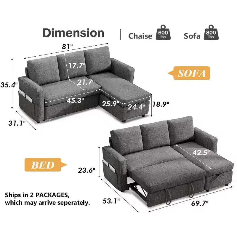Divano Letto Trasformabile Dyonery 81, Divano Estraibile 2 in 1 con Chaise Longue Reversibile con Contenitore