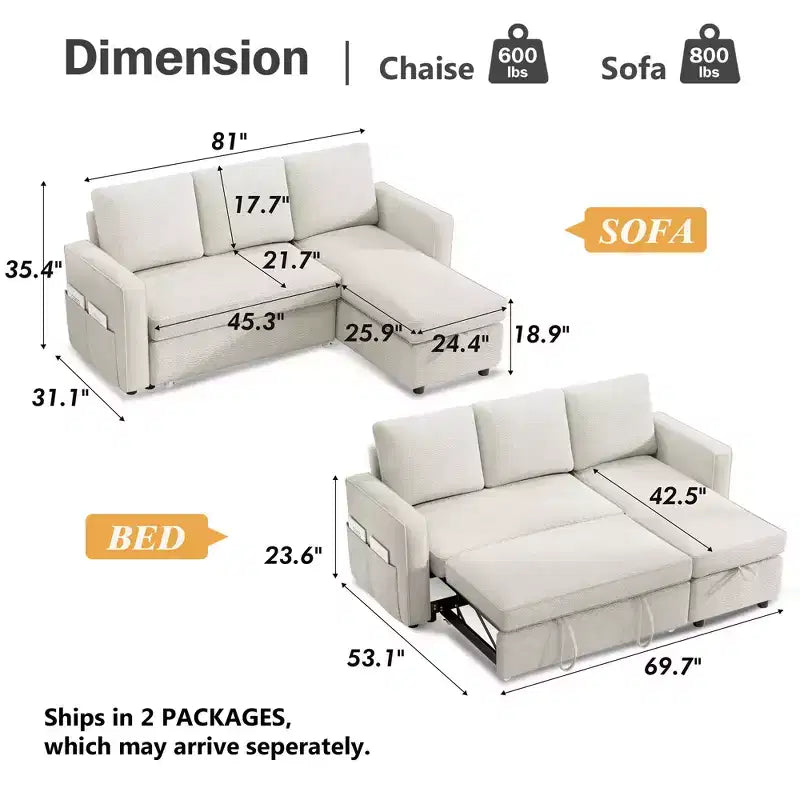 Divano Letto Trasformabile Dyonery 81, Divano Estraibile 2 in 1 con Chaise Longue Reversibile con Contenitore