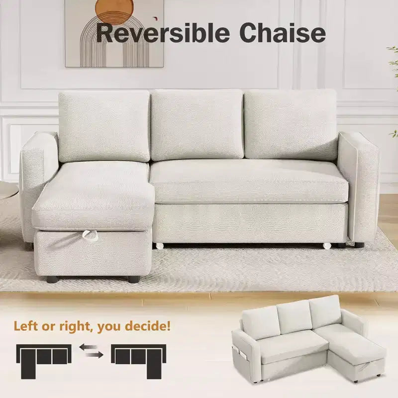Divano Letto Trasformabile Dyonery 81, Divano Estraibile 2 in 1 con Chaise Longue Reversibile con Contenitore