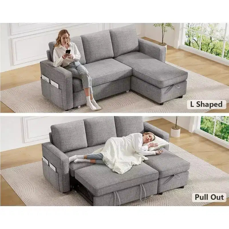 Divano Letto Trasformabile Dyonery 81, Divano Estraibile 2 in 1 con Chaise Longue Reversibile con Contenitore