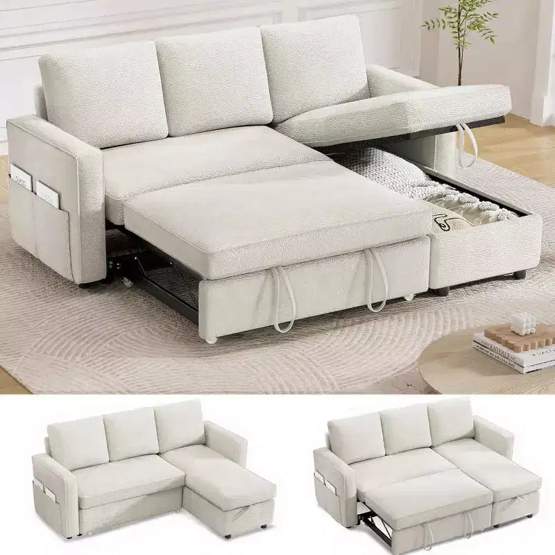 Divano Letto Trasformabile Dyonery 81, Divano Estraibile 2 in 1 con Chaise Longue Reversibile con Contenitore