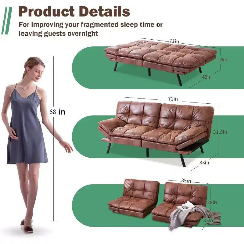 Divano Letto Dyonery in Ecopelle Nera con Memory Foam, Schienale e Braccioli Regolabili, Divanetto Trasformabile Multifunzione