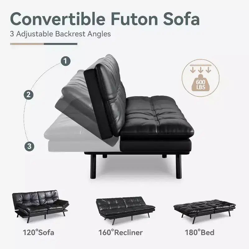 Divano Letto Dyonery in Ecopelle Nera con Memory Foam, Schienale e Braccioli Regolabili, Divanetto Trasformabile Multifunzione