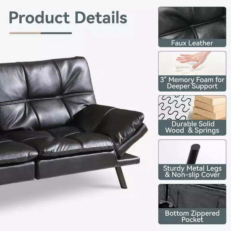 Divano Letto Dyonery in Ecopelle Nera con Memory Foam, Schienale e Braccioli Regolabili, Divanetto Trasformabile Multifunzione