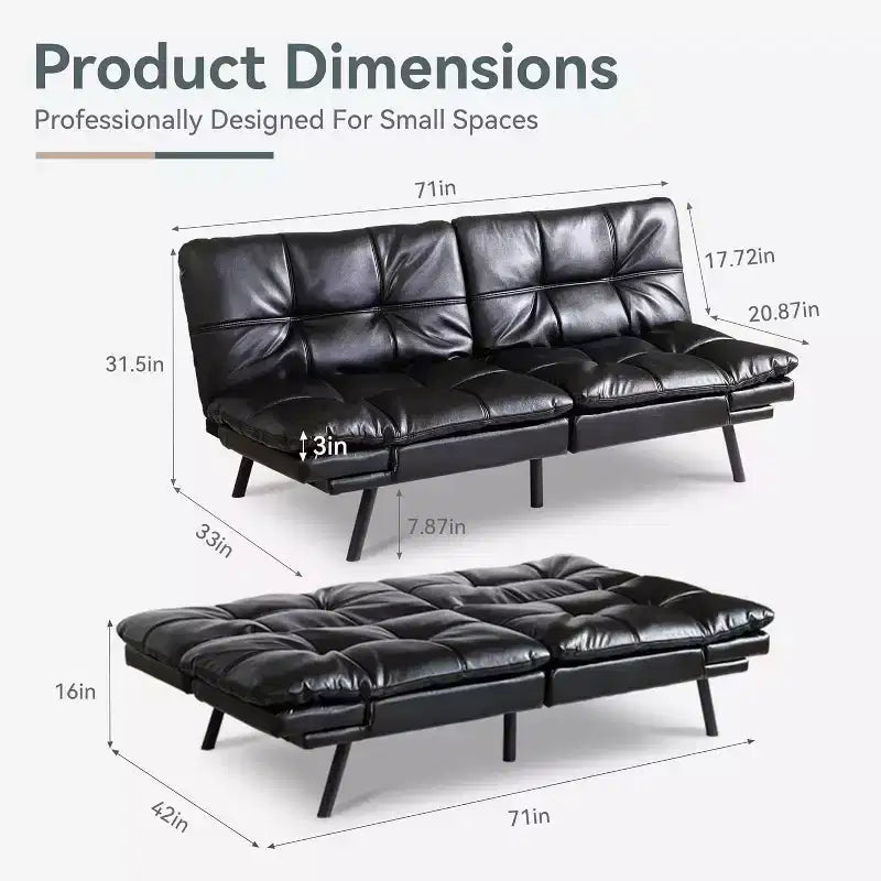 Divano Letto Dyonery in Ecopelle Nera con Memory Foam, Schienale e Braccioli Regolabili, Divanetto Trasformabile Multifunzione