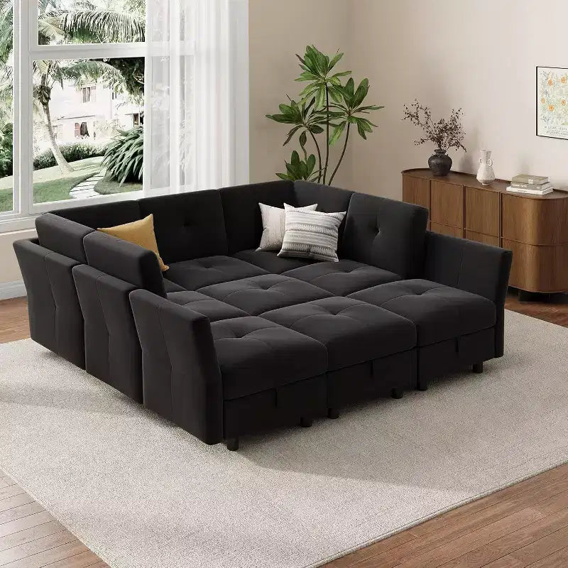 Divano componibile modulare a 9 posti con contenitore, divani componibili a forma di U, divano trasformabile con pouf, velluto ad alto supporto, per casa nero