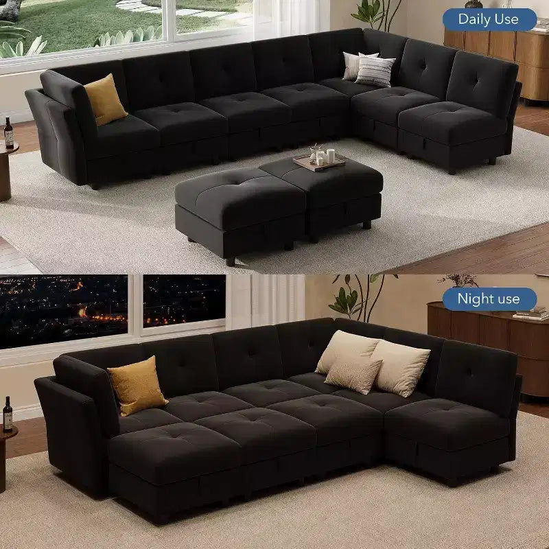 Divano componibile modulare a 9 posti con contenitore, divani componibili a forma di U, divano trasformabile con pouf, velluto ad alto supporto, per casa nero