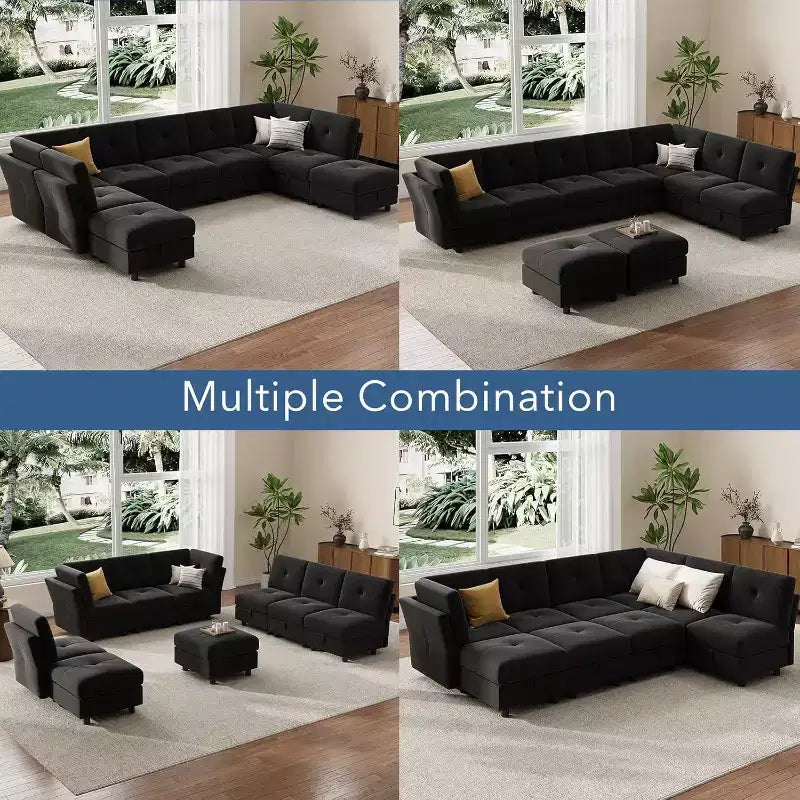 Divano componibile modulare a 9 posti con contenitore, divani componibili a forma di U, divano trasformabile con pouf, velluto ad alto supporto, per casa nero
