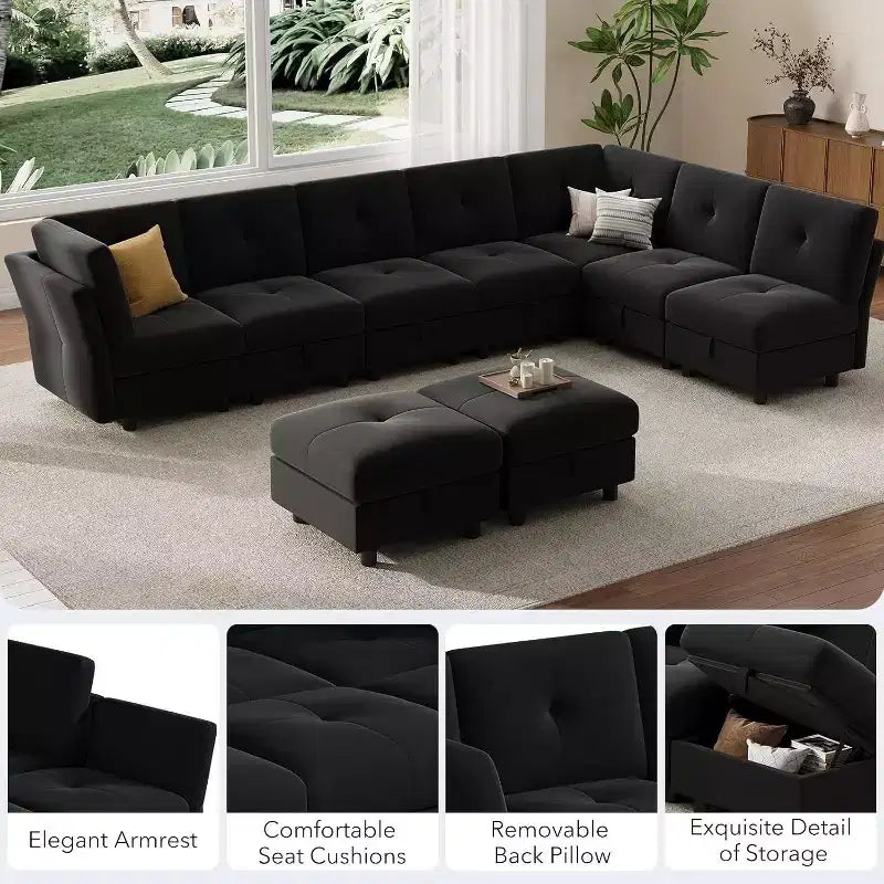 Divano componibile modulare a 9 posti con contenitore, divani componibili a forma di U, divano trasformabile con pouf, velluto ad alto supporto, per casa nero