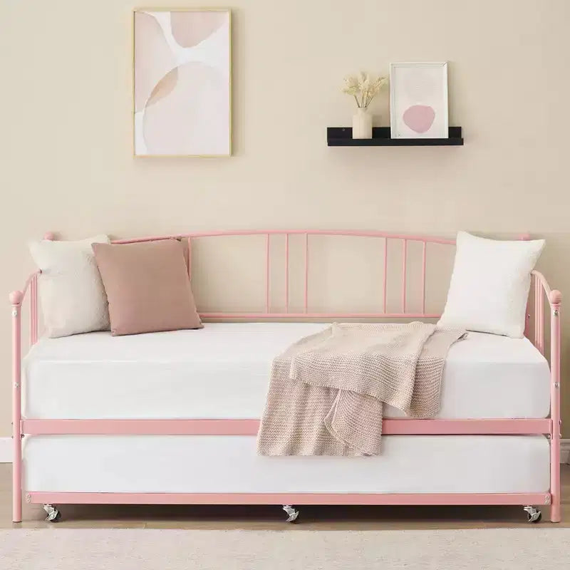 Divano letto a due posti in metallo con letto estraibile, struttura divano letto a due piazze con letto estraibile a scomparsa a 6 ruote, supporto a doghe in acciaio per ospiti, divano letto per soggiorno, camera da letto, appartamento