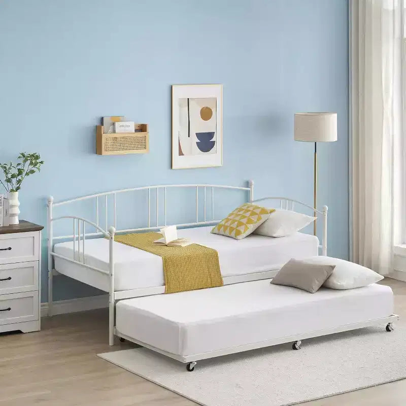 Divano letto a due posti in metallo con letto estraibile, struttura divano letto a due piazze con letto estraibile a scomparsa a 6 ruote, supporto a doghe in acciaio per ospiti, divano letto per soggiorno, camera da letto, appartamento