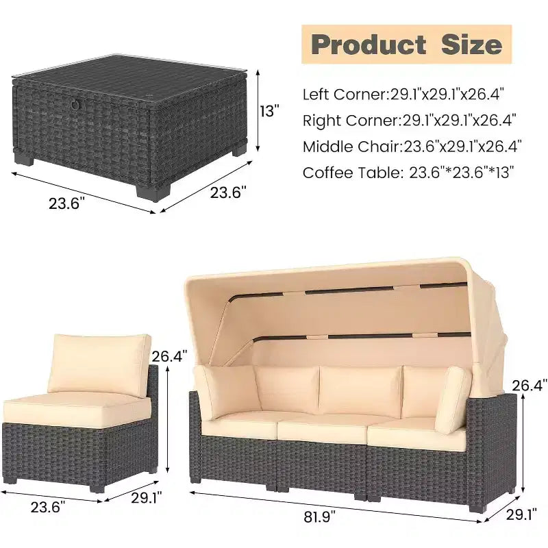 Set di mobili da giardino, 6 pezzi in rattan sintetico da esterno con tettuccio retrattile e morbidi cuscini, divano componibile e tavolo con contenitore, cuscini beige