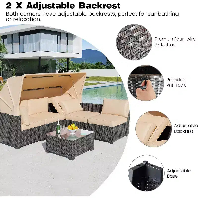 Set di mobili da giardino, 6 pezzi in rattan sintetico da esterno con tettuccio retrattile e morbidi cuscini, divano componibile e tavolo con contenitore, cuscini beige