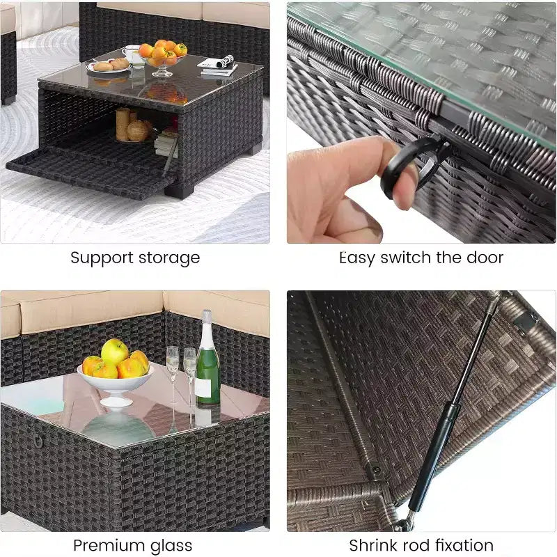 Set di mobili da giardino, 6 pezzi in rattan sintetico da esterno con tettuccio retrattile e morbidi cuscini, divano componibile e tavolo con contenitore, cuscini beige