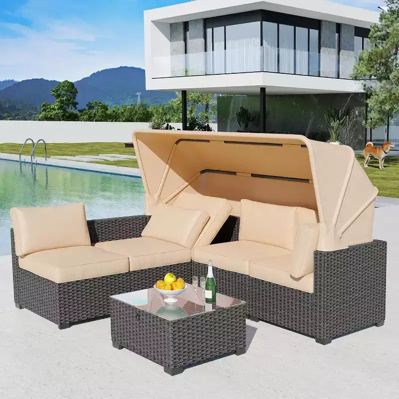 Set di mobili da giardino, 6 pezzi in rattan sintetico da esterno con tettuccio retrattile e morbidi cuscini, divano componibile e tavolo con contenitore, cuscini beige
