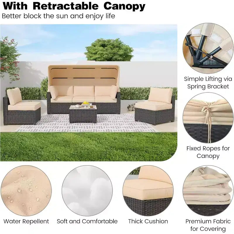 Set di mobili da giardino, 6 pezzi in rattan sintetico da esterno con tettuccio retrattile e morbidi cuscini, divano componibile e tavolo con contenitore, cuscini beige